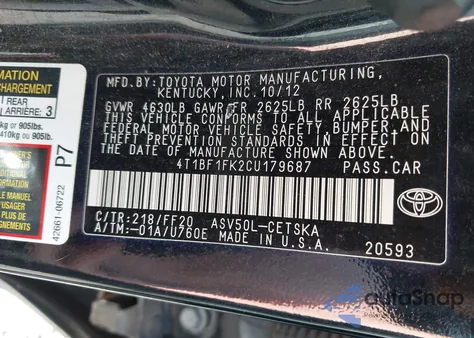2012 Toyota Camry Se из США, поврежденный, VIN 4T1BF1FK2CU179687